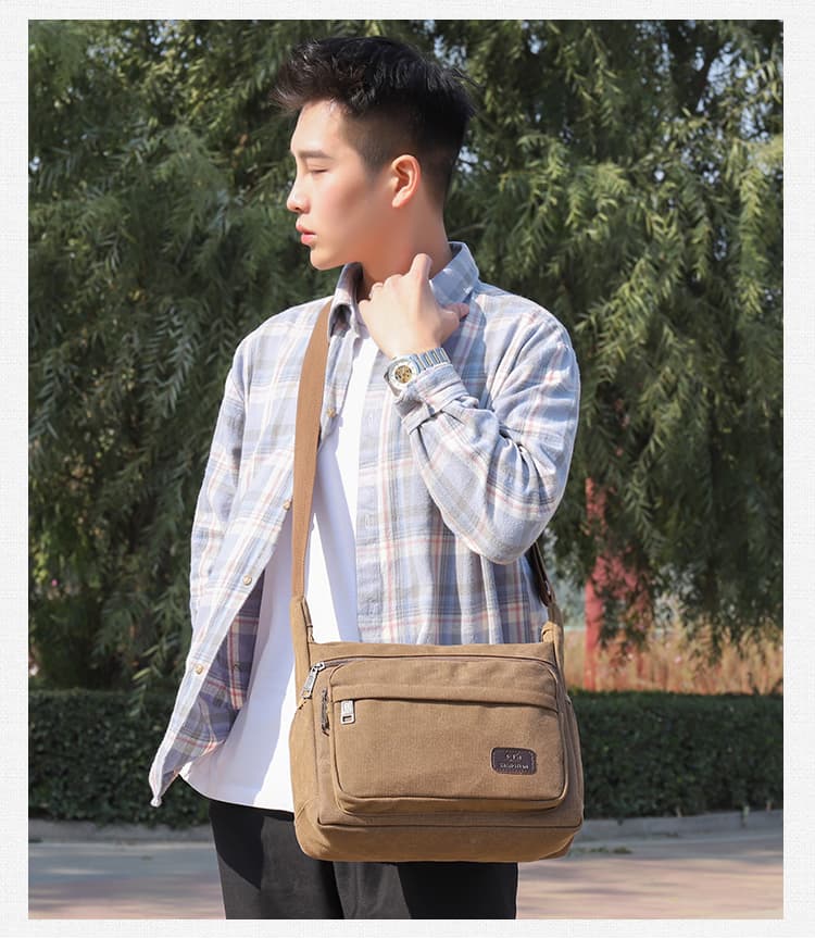 ボディバッグ 多機能ポケット付き帆布ショルダーバッグ